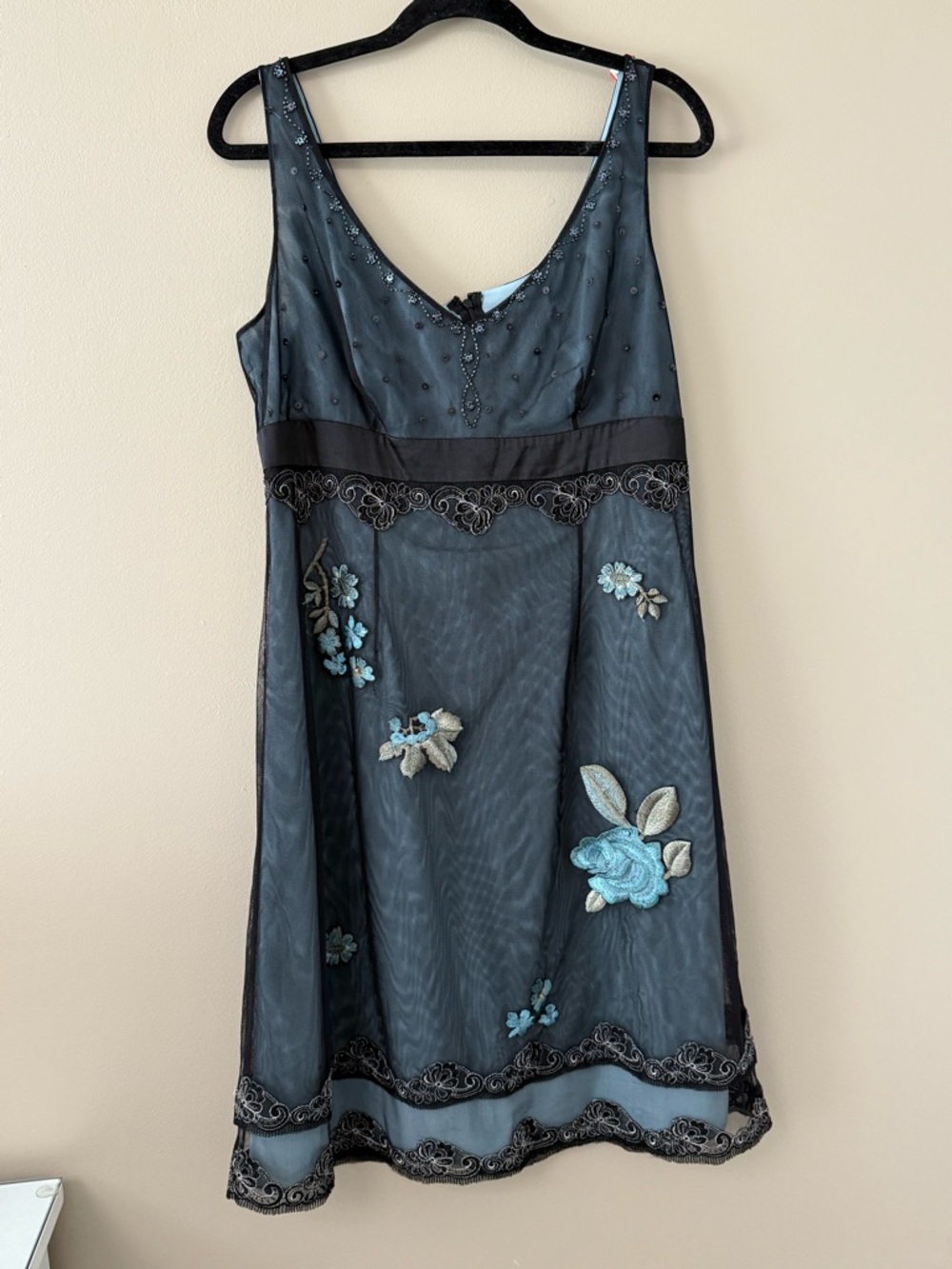 Adrianna Papell Black Mesh Dress with Pale Blue Lining and Beaded Trim Accents